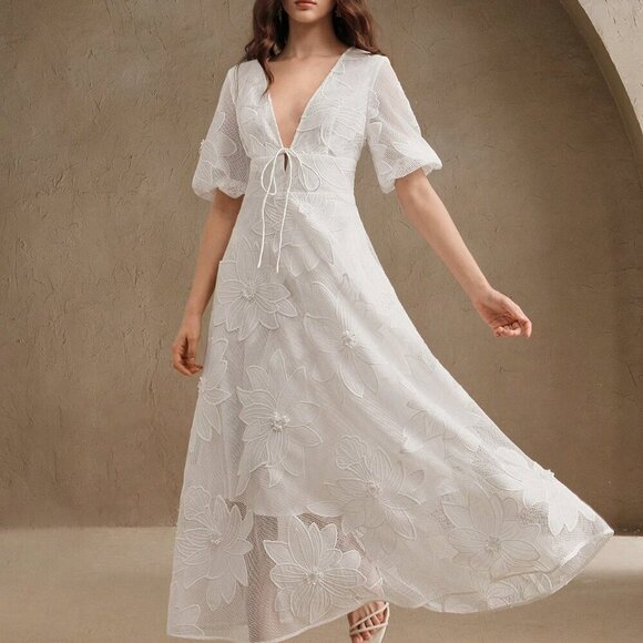 Dresses & Skirts - White Elegant Women's Floral Embellished Mid-Sleeve Midi Dress